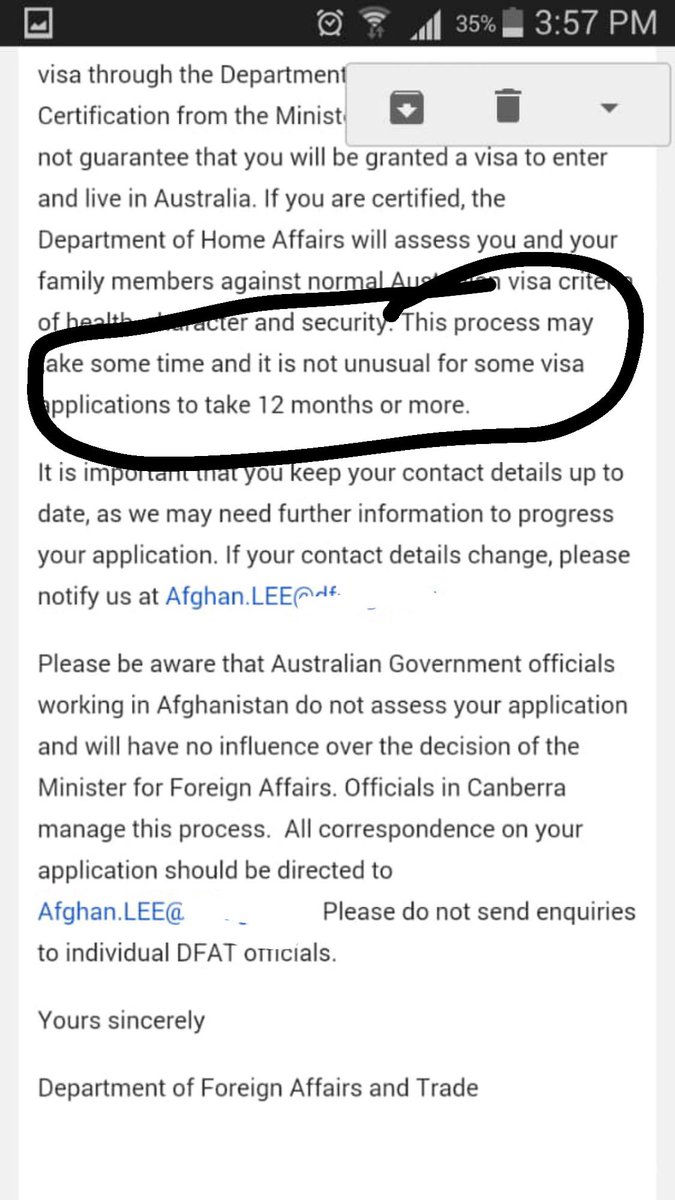 From 1 of the many @AusEmbAfg guards I have been speaking to. He received a generic email from @dfat on July 4 & nothing since. They didn’t have “up to 12 months” for processing time then and they certainly don’t now. 

#afghanistan @auspol @KayDanes  @PaddyR19 @StuartMcCarthy_