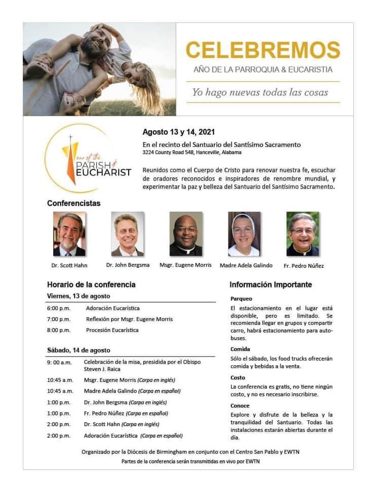Hoy viernes inicia la Conferencia para celebrar el Año de la Parroquia y Eucaristía.

Les compartimos el horario de las actividades. El uso de mascarillas es recomendado. Para más información oprima este enlace:

bhmdiocese.org/en-espa%C3%B1ol