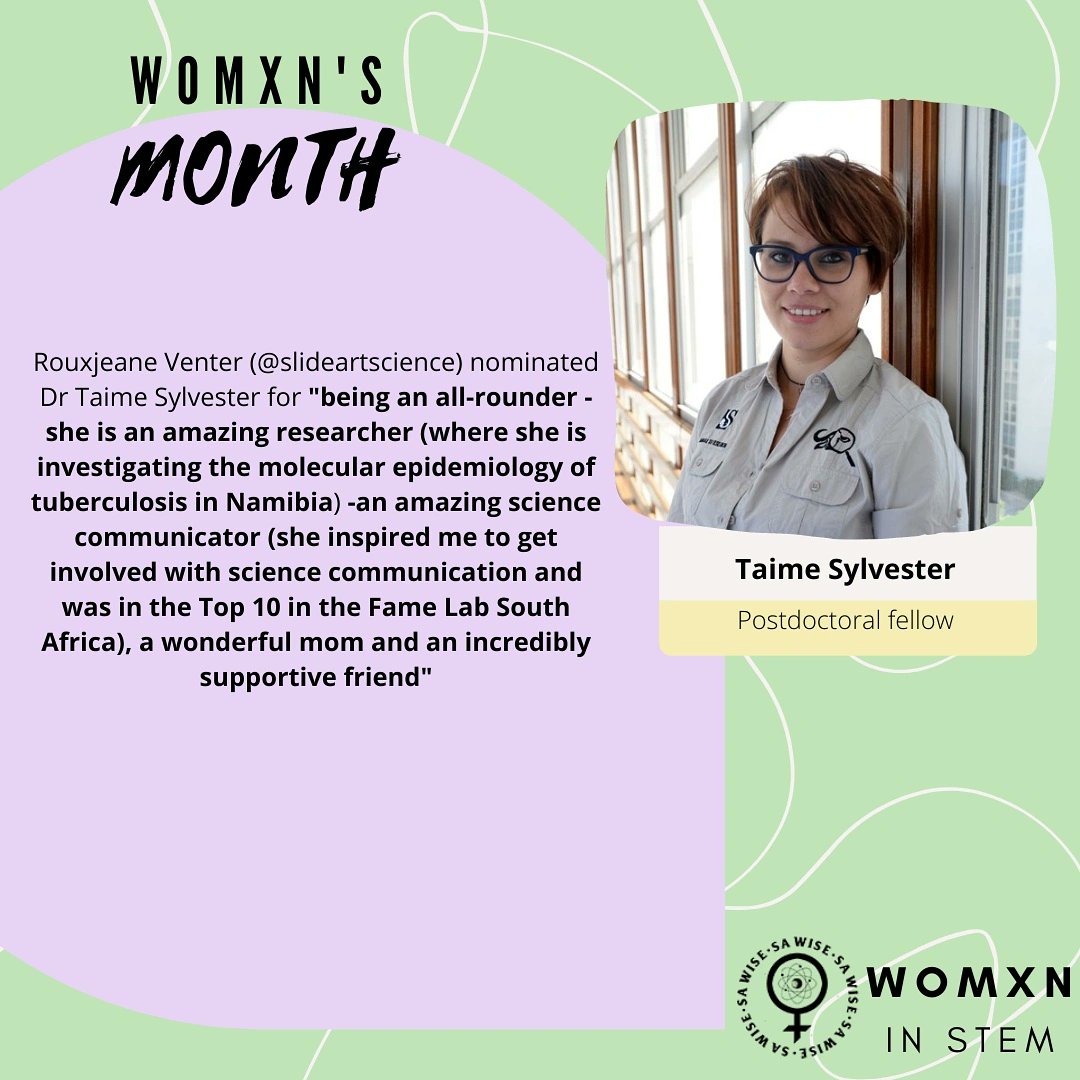 The_SAWISE's tweet photo. Today we celebrate Dr Taime Sylvester (@TashnicaO) who as nominated by Dr Rouxjeane Venter (@H37Rvader)! A true powerhouse! 🙌
#sawise #womeninstem #womxninstem #researcher #tuberculosis #sciencecommunication #STEMmom https://t.co/cTyqb9yzo3