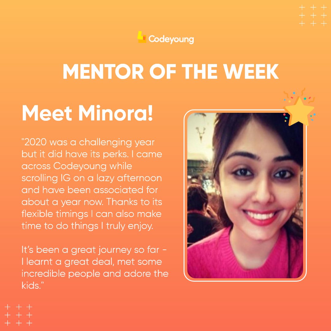 Codeyoung_india's tweet photo. Meet Minora, Certified Mentor at Codeyoung!
Minora is working with Codeyoung for almost a year now. She relishes teaching young kids and has helped us make this experience enjoyable for them.
Thanks, Minora for your commitment!
#Mentoroftheweek https://t.co/ktWbyCXtYX