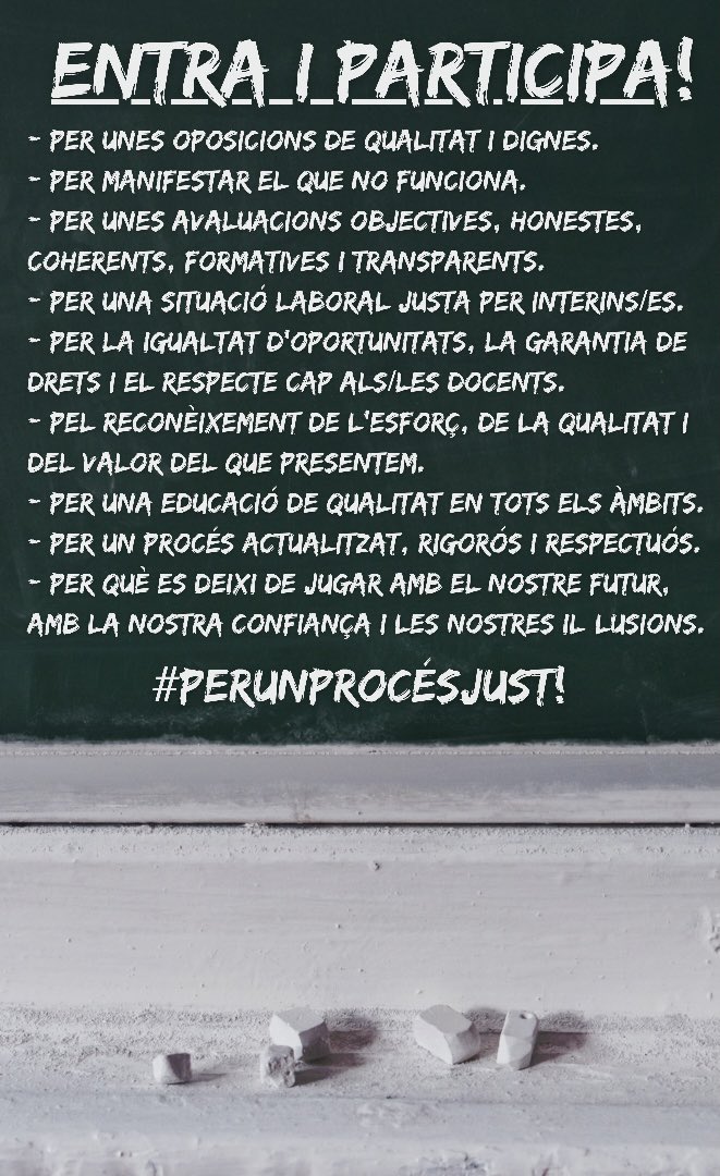 PerUnProcesJust's tweet image. ELS/LES INTERINS/ES VIVIM EN UNA SITUACIÓ D’ABÚS DE TEMPORALITAT I DE FRAU DE LLEI. LA NOSTRA MANCA D&apos;ESTABILITAT, ALHORA, ES VEU AFECTADA PER PROCESSOS D’OPOSICIONS INDIGNES I INJUSTOS AMB ELS QUE VEIEM TREPITJATS ELS ESFORÇOS I IL•LUSIONS PER MILLORAR LA NOSTRA SITUACIÓ.