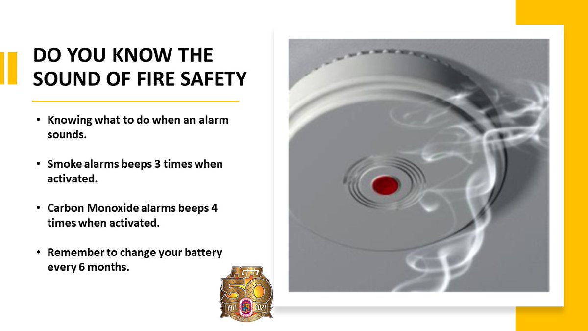 PGFDNews's tweet photo. Today’s #PGFD “Fifty Days of Safety” asks if you & your family can tell the difference between a SMOKE ALARM and a CARBON MONOXIDE ALARM when they sound? 3 beeps for smoke, 4 beeps for CO. Evacuate to a safe area & call 911 if you hear either! #FiftyDaysofSafety https://t.co/eYJtHkFHQZ