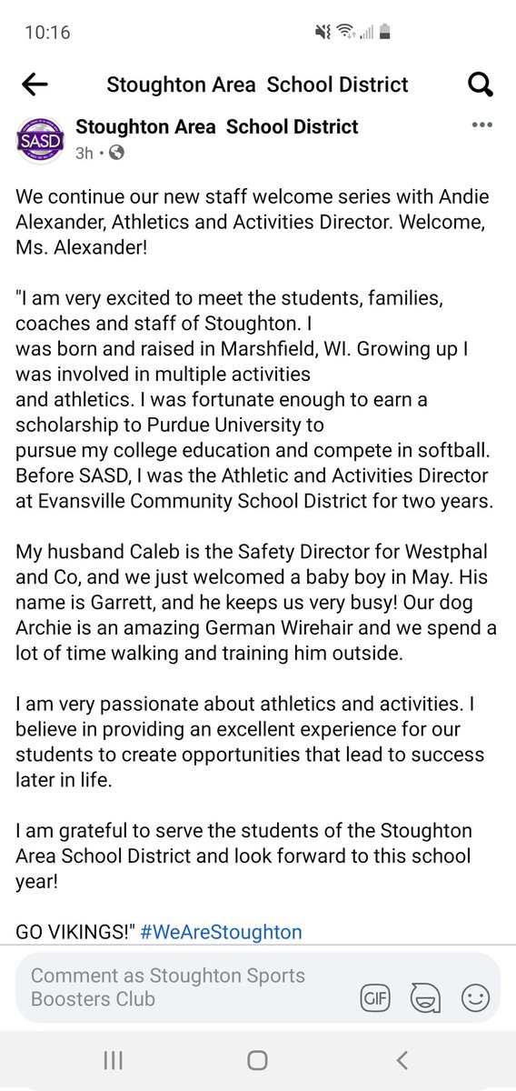 Stoughton Sports Boosters (@vikingboosters) on Twitter photo Welcome Andie Alexander, Stoughton High School Athletic & Activities Director! We are excited to work with you to continue to support our Viking athletes, coaches and programs! We wish you all the best and GO VIKINGS! 💜
<a href="/AD_Stoughton/">StoughtonAD</a> <a href="/TheVikingShip1/">The Viking Ship</a> Welcome Andie Alexander, Stoughton High School Athletic & Activities Director! We are excited to work with you to continue to support our Viking athletes, coaches and programs! We wish you all the best and GO VIKINGS! 💜
<a href="/AD_Stoughton/">StoughtonAD</a> <a href="/TheVikingShip1/">The Viking Ship</a>