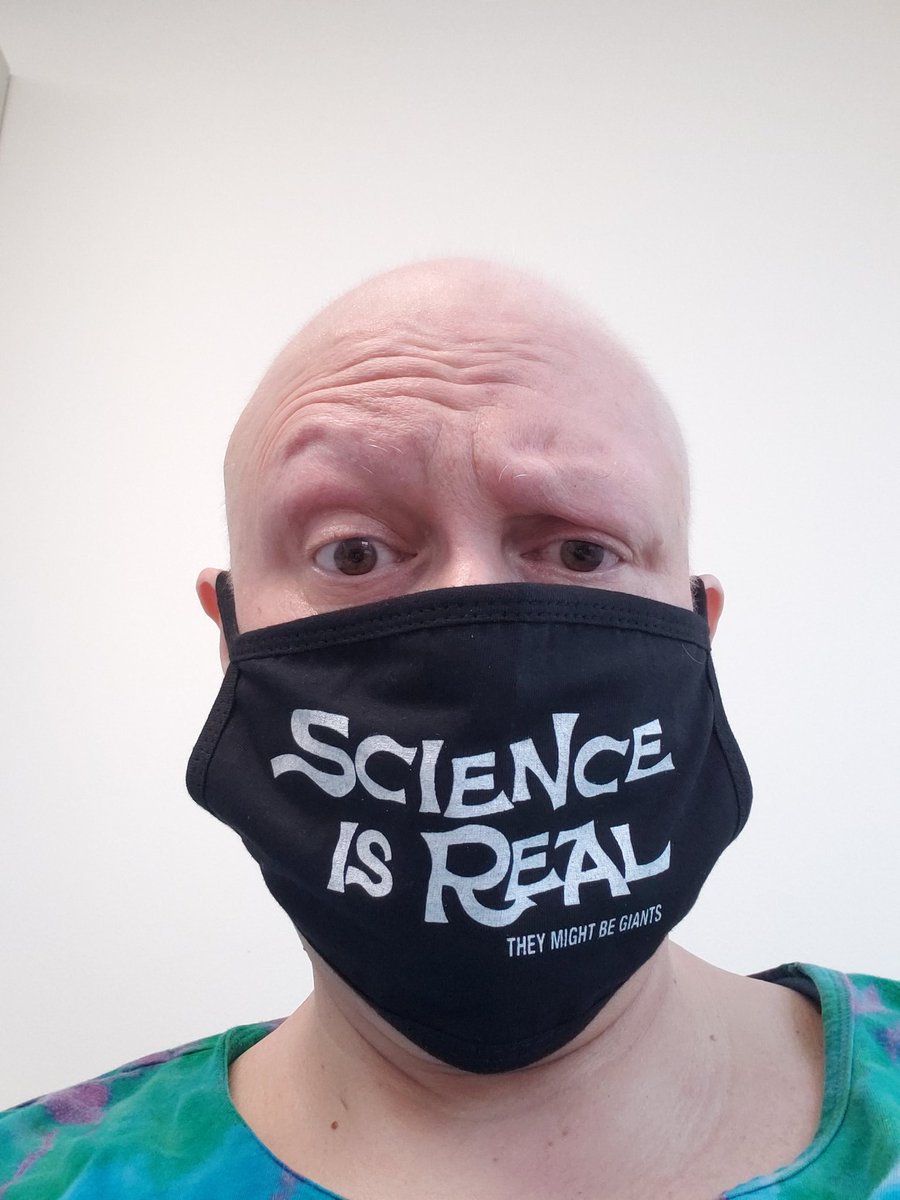 merujo's tweet photo. Next week... final chemo infusion! I'll be wearing this mask (thanks @tmbg!) and my unicorn horn headband. Will be bringing more homemade brownies and cookies for the clinic staff. They are all awesome. 💙 As are you, my friends. #FunWithCancer #ScienceIsReal https://t.co/ap1ok1LU51