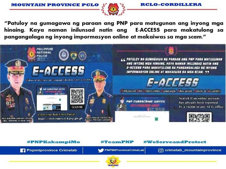 mtprovince_pfu's tweet photo. “Patuloy na gumagawa ng paraan ang PNP para matugunan ang inyong mga hinaing. Kaya naman inilunsad natin ang  E-ACCESS para makatulong sa pangangalaga ng inyong impormasyon online at makaiwas sa mga scam.”
#PNPACGKakampiMo
#TeamACG
#WeServeAndProtect https://t.co/e6ydC3AOuw