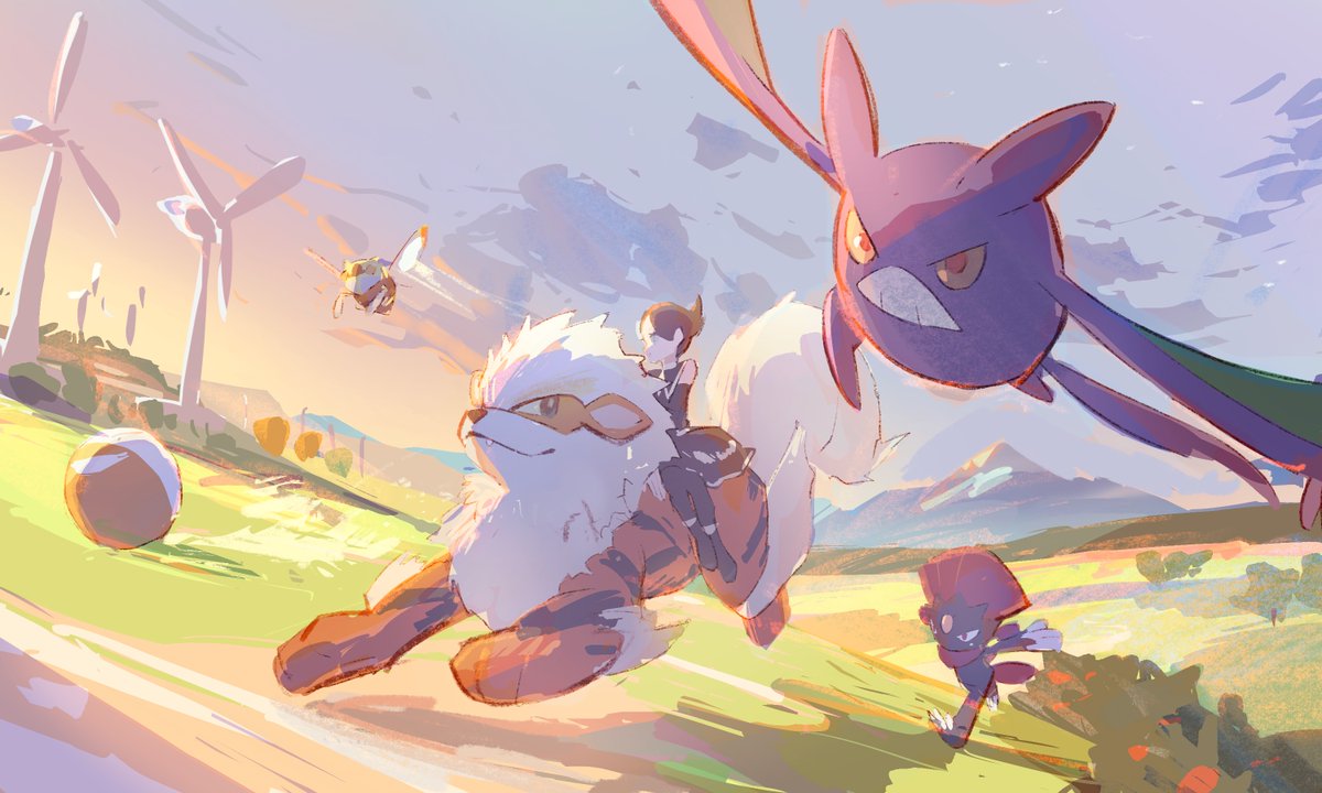 pokemon (creature) riding outdoors riding pokemon sky grass running  illustration images