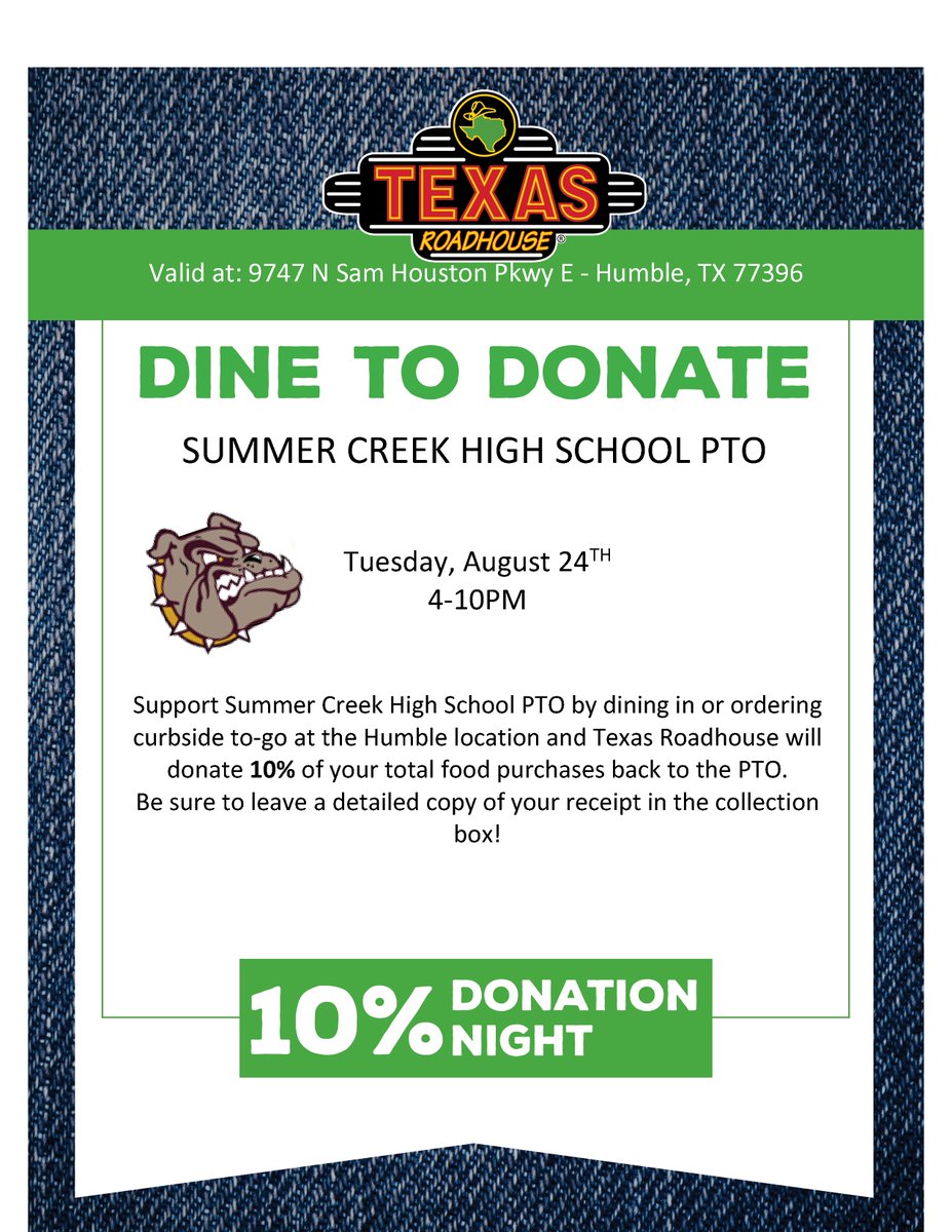 Plan to take the family out to dinner on Tuesday, August 24th, and show your support for our Summer Creek Bulldogs!