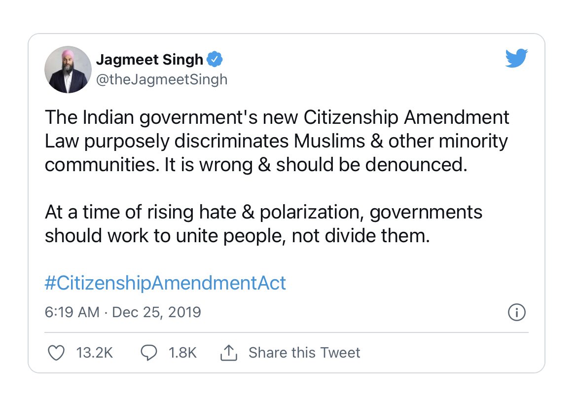 The Canadian government now wants to resettle only the Sikh & Hindu families out of Afghanistan. It purposely discriminates Muslims & other minority communities. It is “wrong & should be denounced.”

#CitizenshipAmendmentAct