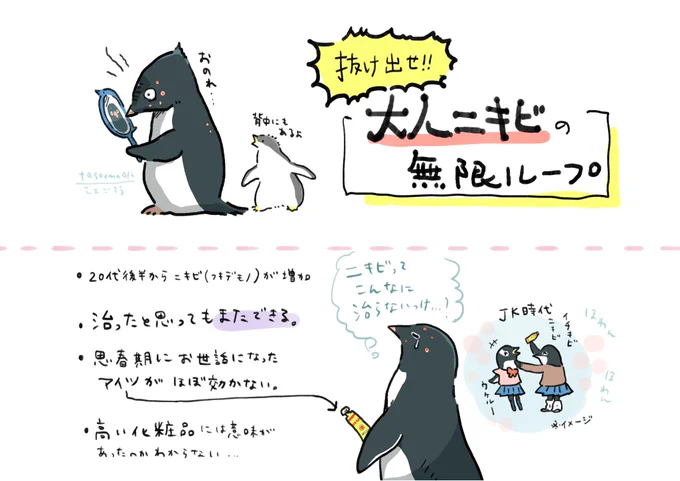 大人ニキビ(吹き出物)がかなり改善してきたのでやったことをペンギンでまとめました。 