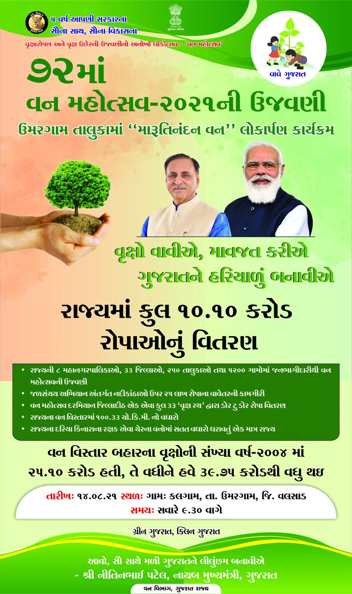 Gujarat celebrates 72nd #VanMahotsav - CM Shri <a href="/vijayrupanibjp/">Vijay Rupani Memorial</a> to inaugurate 'Marutinandan Van' at Umargam in Valsad district today with the aim of 'Greener Gujarat'.