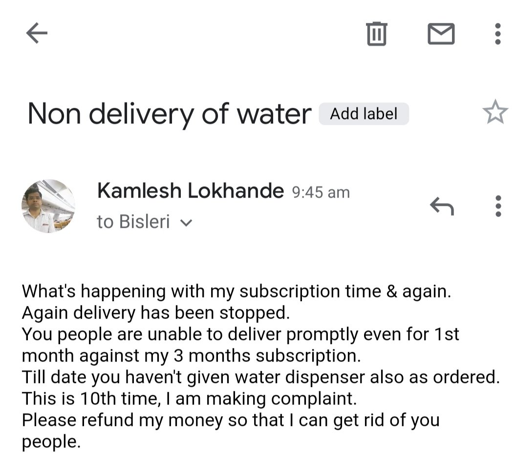 KAMLESH_ACA's tweet photo. Neither you are keeping your promise nor you are refunding money. Customer care is so busy that I am unable to connect. Apart from good product, customer service is also a KEY to success. Really surprised that you don't know the other KEY. Worst service team Bislery. https://t.co/E1dCtbDBXJ