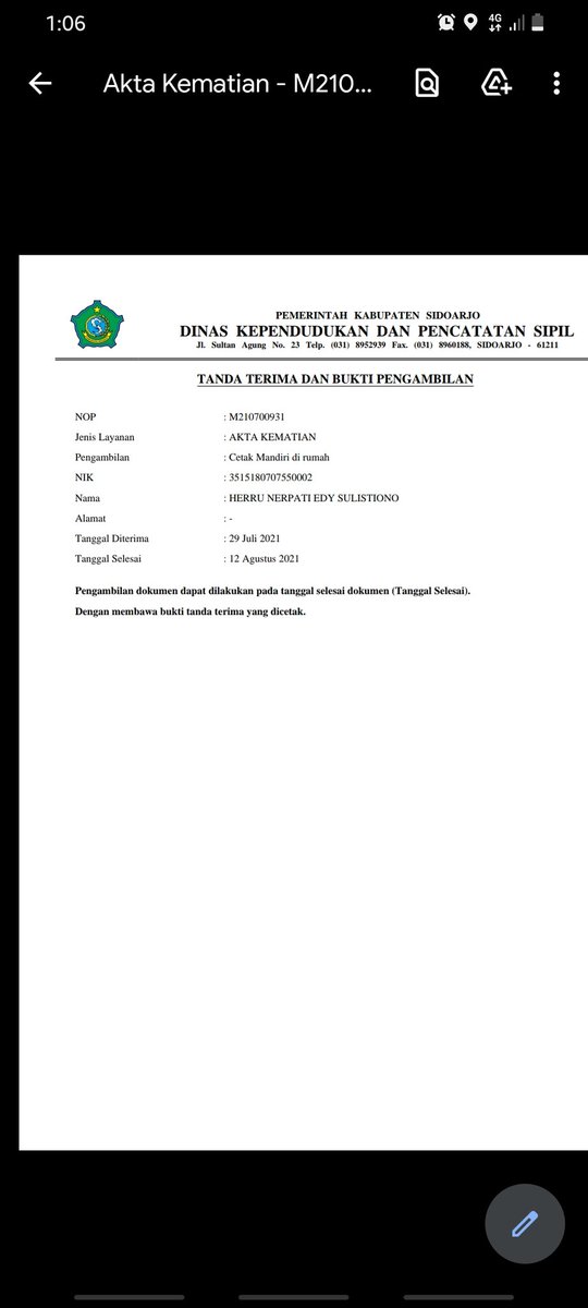 papunk_dinho's tweet photo. @pemkabsidoarjo2 akta kematian cetak mandiri di rumah tgl selesai 12 agustus 2021.. di tunggu sampai skrng blm jg ada email.. trus nunggu sampai kapan?
Semua sama" butuh.. kapan bisa di benahi untuk administrasi di lingkup kab. Sidoarjo ini? Selalu lama untuk pengurusan adm.. https://t.co/a5NyelnBDr
