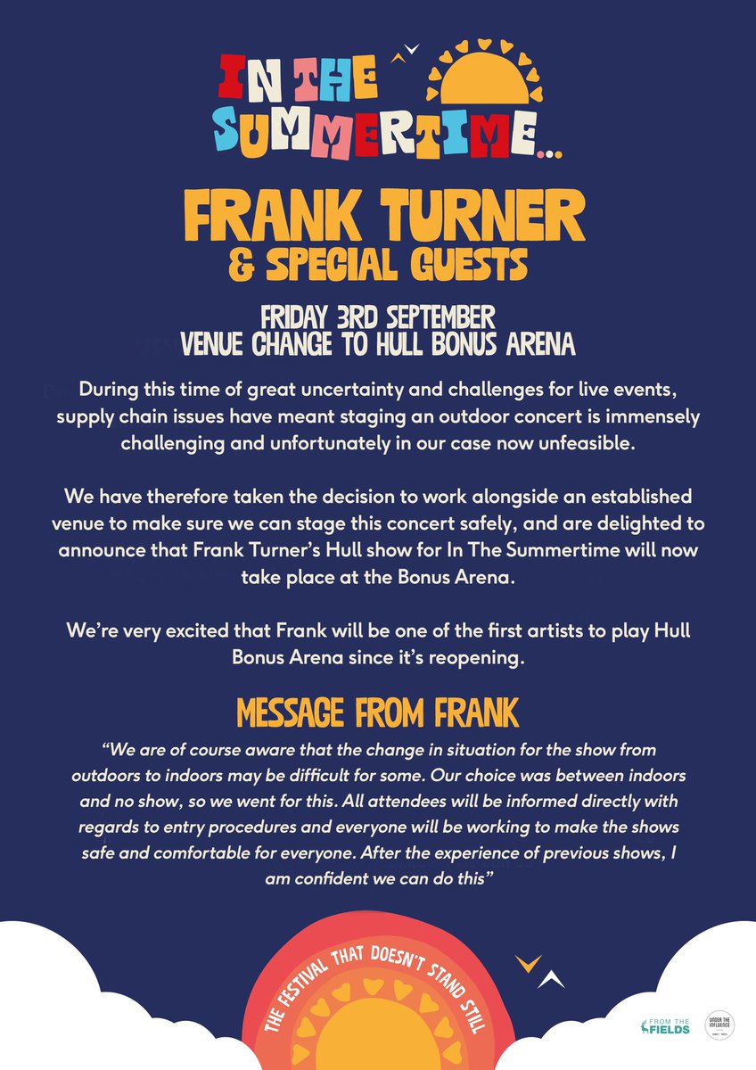 itsummertimeuk's tweet photo. Venue change for @frankturner in Hull https://t.co/ItWz8osjOl
