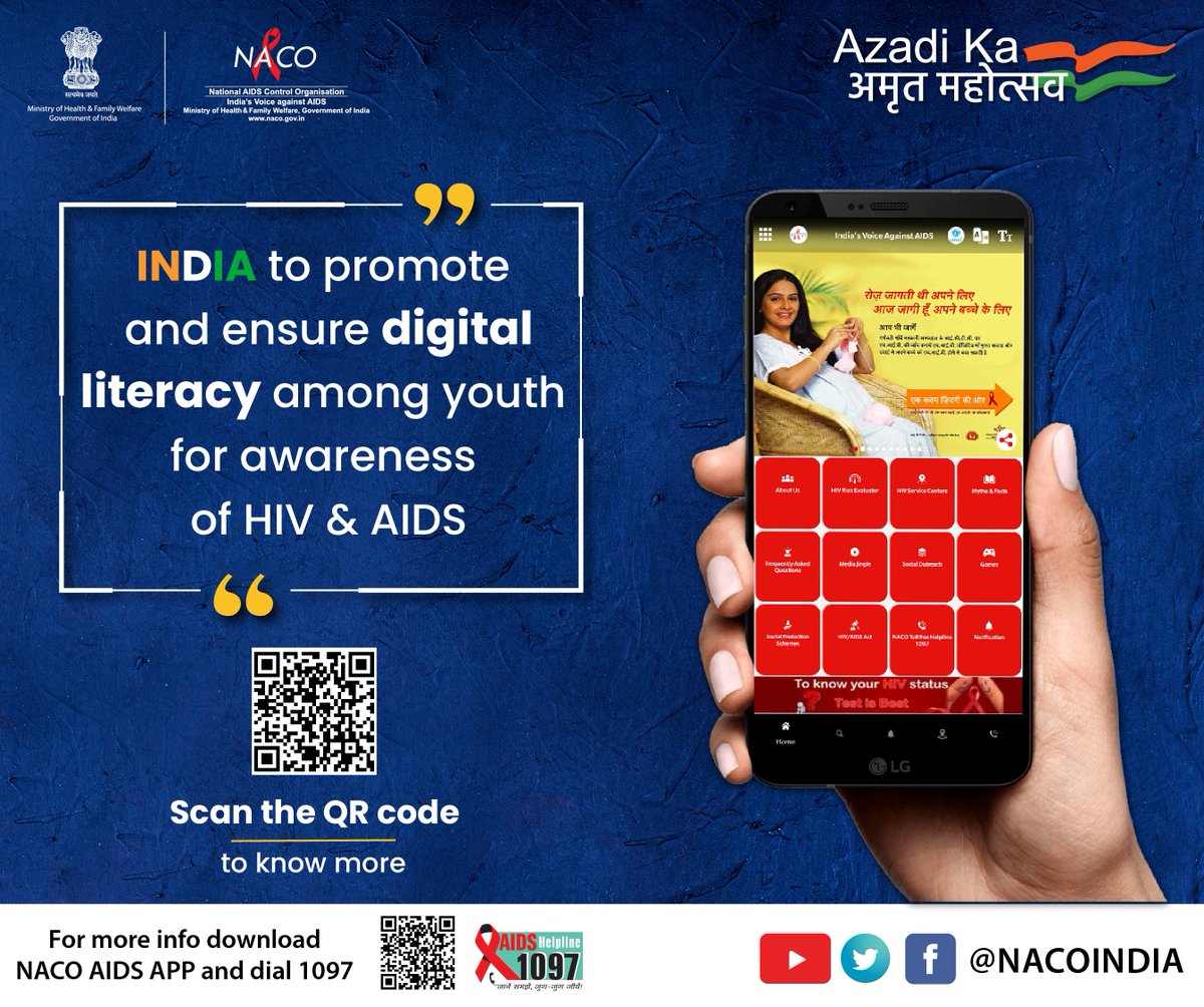 NACOINDIA's tweet photo. #NewIndia@75 to build a digitally empowered India. An India that promotes digital literacy among youth for awareness of HIV &amp; AIDS. Download #NACOAIDSAPP at https://t.co/7VwpS4DRWb details?id=com.naco.nhp #AzadiKaAmritMahotsav
@mansukhmandviya @aloksaxena02 @drngoel @MoHFW_INDIA https://t.co/2k9fZxf9Cm