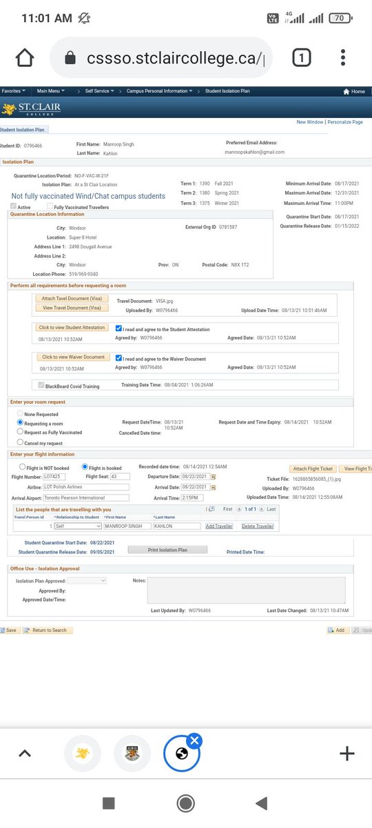 KahlonManroop's tweet photo. Hi I have booked my quarantine plan by college. I have filled all my details (also my flight details) My flight is on 22 August. Kindly please approve my quarantine. The option for printing the isolation plan is not working please solve it.... @StClairCollege https://t.co/jSSiUdJHfU