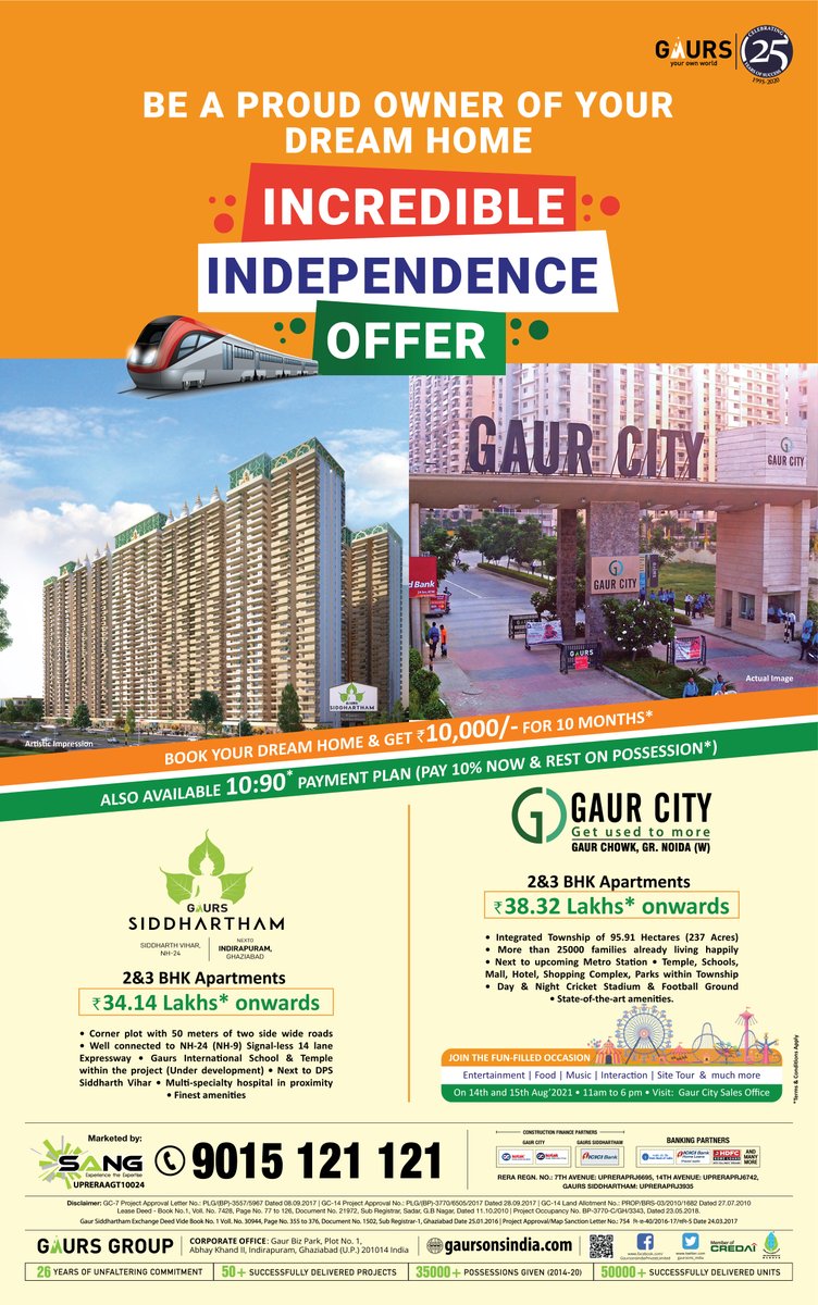 INCREDIBLE INDEPENDENCE OFFER
Gaur City & Gaur Sidhartham
Book 2/3 BHK Apartments@34 Lakh* Onwards
Pay 10% now, Rest on Possession
Connect - 9015121121
#IndependenceOffer #gaurcity #GaursonsIndia #INDEPENDENCEFEST #gaursiddhartham #ReadyToMove #gaurcity2 #Gaursons