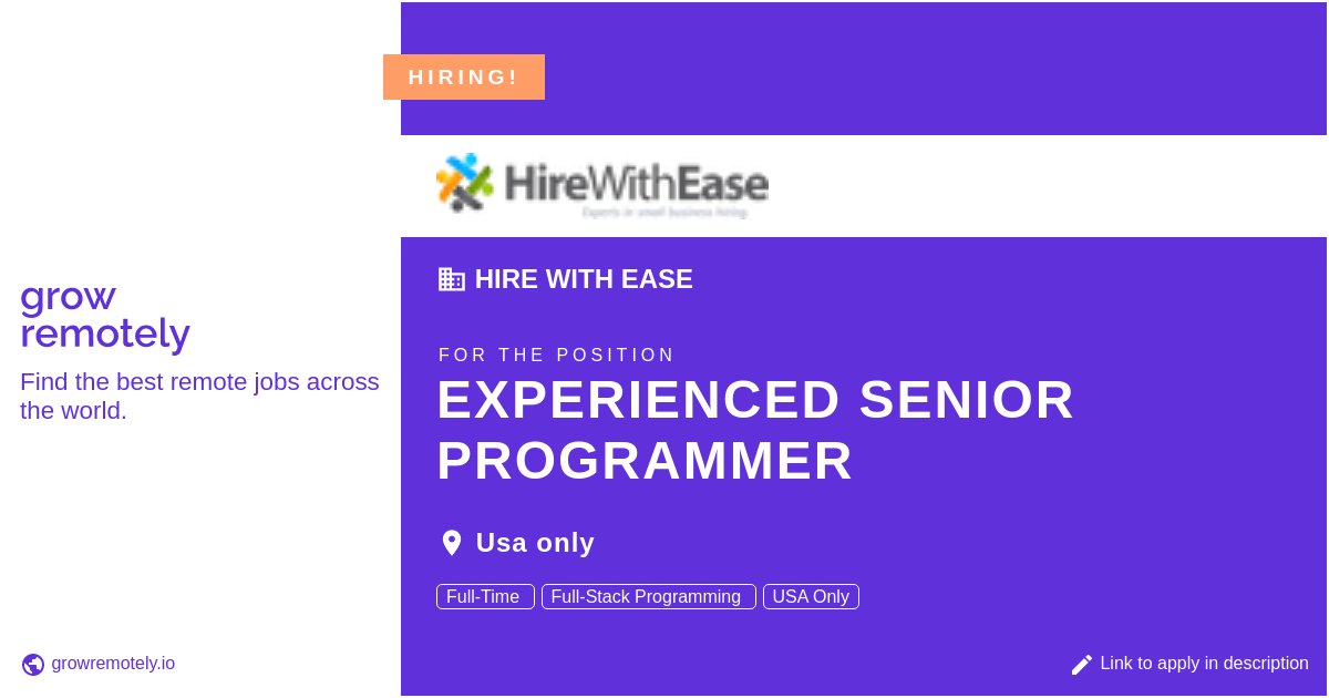 growremotelyio's tweet photo. Check out this job at Hire With Ease for the position Experienced Senior Programmer.

 Apply link: https://t.co/JQjempHjvY

#hiring #remotejobs #HireWithEase #Programming https://t.co/3e8XNcxy9F