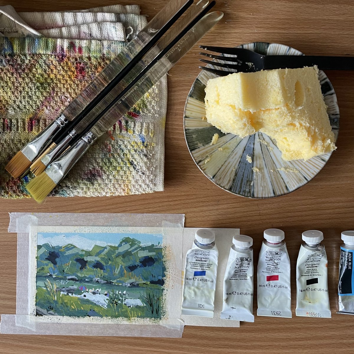 peppermint79103's tweet photo. gouache painting with Chiffon cake.🎨🍰 https://t.co/nb7oU31Gt7