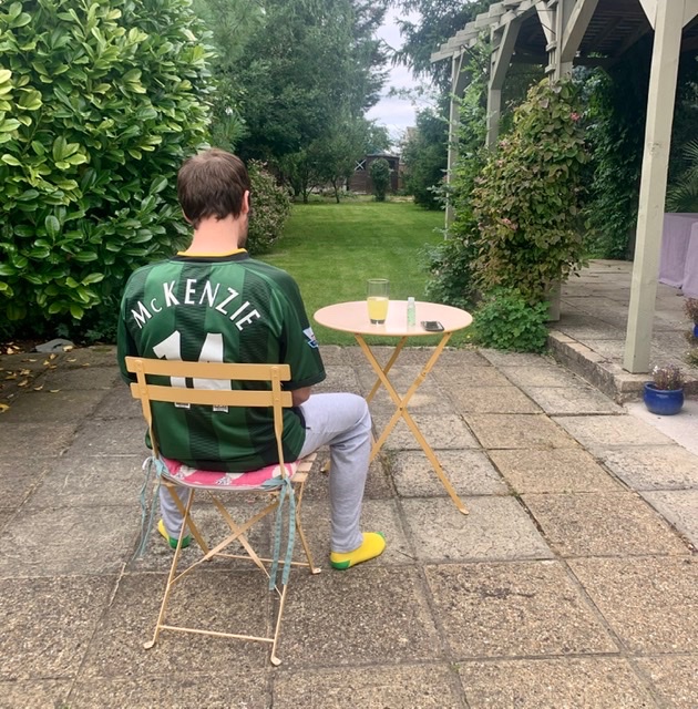 Poor Andy can’t go to the #NCFC match today after testing positive for Covid last night. He’s doing this for you, people! Send him some love 💛 #protectothers #testbeforeyougo #sadboy #luckysocks @NorwichCityFC @TalkNorwichCity @IanClarke41