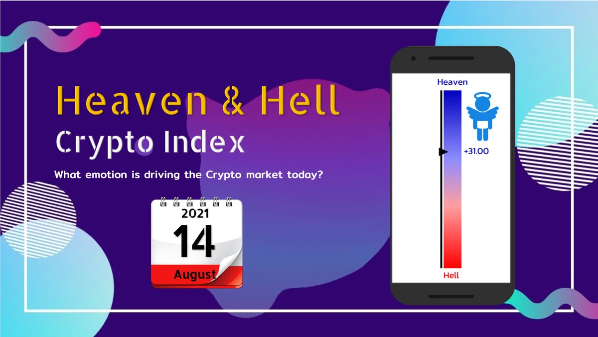 data_deda's tweet photo. What emotion is driving the Crypto market today?
😇Heaven? or 😈Hell?  

🚩14 August 2021 
Heaven +31.00 %

☁️Heaven is a response to bullish market
🔥Hell is a response to bearish market 

Follow the Emotions Right pointing backhand index 👉
@data_deda 

#crypto #cryptoindicator https://t.co/dMXFDmfqkr