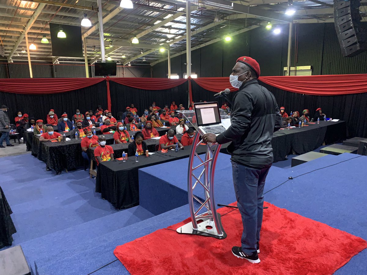 EFFSouthAfrica's tweet photo. [In Pictures]: EFF Convener of CCT Deployees in the Western Cape and Head of International Relations Desk Commissar @GardeeGodrich reading guidelines at the Western Cape Metro Regional People’s Assembly currently underway . #EFFRPAs https://t.co/F7pmg6TNlE