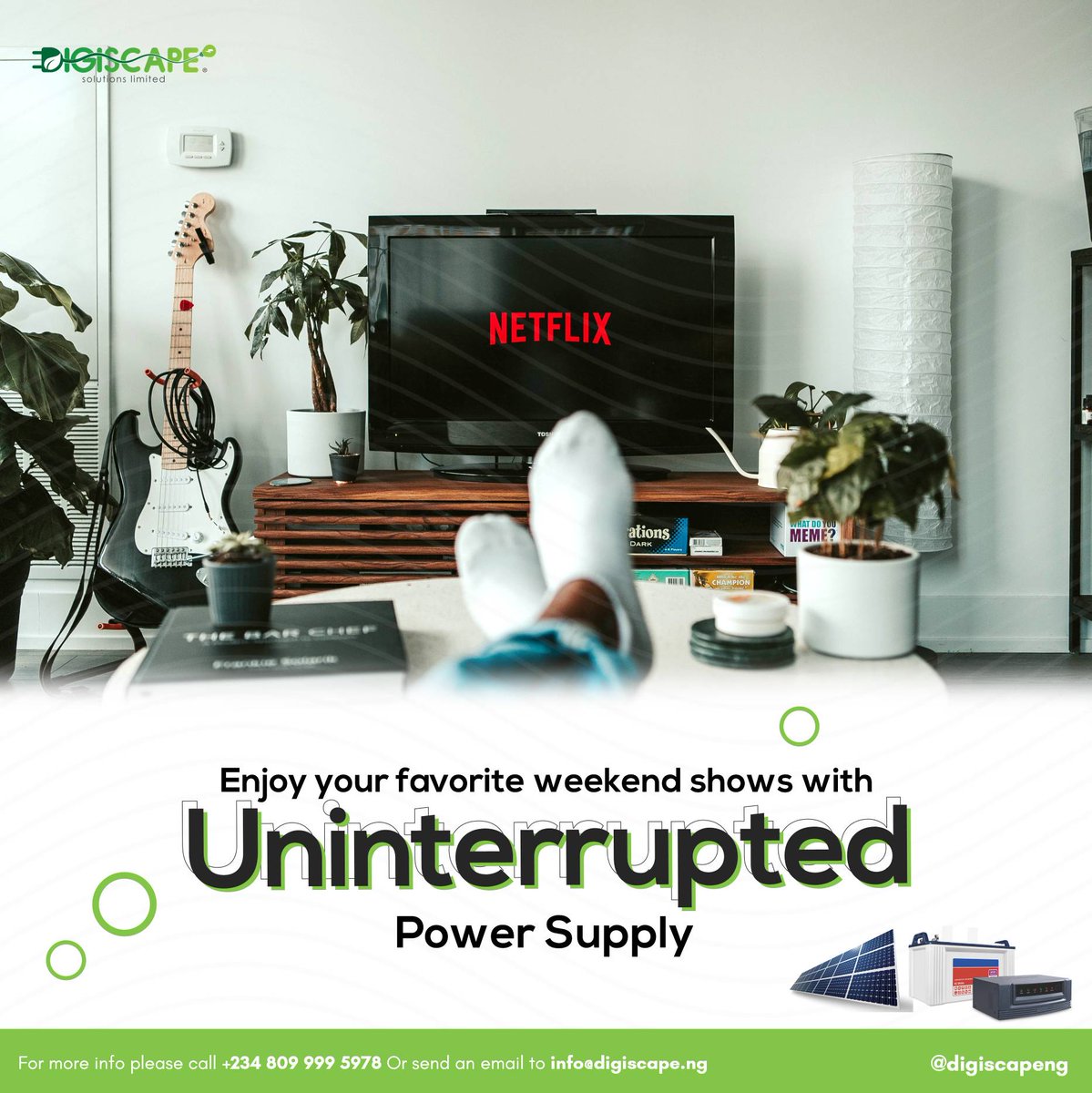 DigiScape Solutions Ltd (@digiscapeng) on Twitter photo Don't miss any bit of your favorite shows this weekend. Enjoy entertainment like you've never experienced before without interruptions with Digiscape back up power solutions. 
For more enquires contact +234 809 999 5978 .
#digiscapeng #dotheswitch #switchtosolar #weekenvibes Don't miss any bit of your favorite shows this weekend. Enjoy entertainment like you've never experienced before without interruptions with Digiscape back up power solutions. 
For more enquires contact +234 809 999 5978 .
#digiscapeng #dotheswitch #switchtosolar #weekenvibes