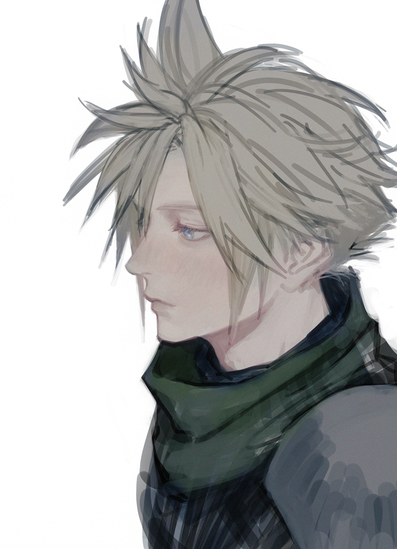 cloud strife spiked hair solo 1boy male focus blonde hair green scarf white background  illustration images