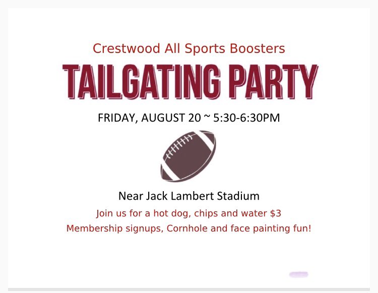CASBoosters's tweet photo. Let’s party!  Pease join CASB to kick off the CHS Football 2021 season!!  Tailgate next Friday August 20 @ 5:30pm!  🏈👹🍀 #GoRedDevils @cwoodreddevils @cwoodftball @CrestwoodClub https://t.co/sZ08QY5xlU