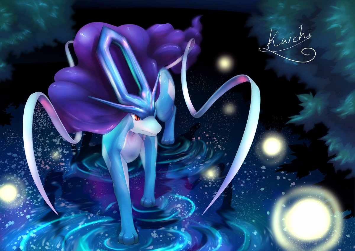 pokemon (creature) no humans solo ripples water closed mouth night  illustration images