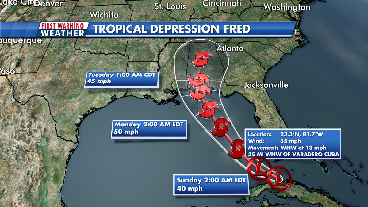MarkPenaWX's tweet photo. UPDATE: Tropical Depression Fred has weakened as it crosses Cuba. It is expected to restrengthen into tropical storm status over the open waters of the Eastern Gulf of Mexico tomorrow with a landfall likely early next week near the Florida Panhandle. #kxan #atxwx #tdfred https://t.co/AJ9XHu1ikJ