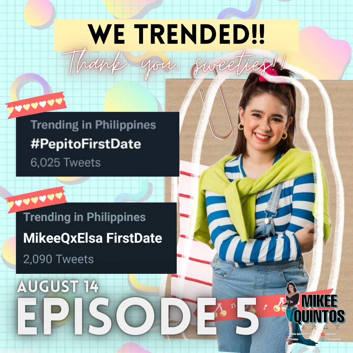 MQSweeties's tweet photo. Congratulations Sweeties 🎊 Trending ulit tayo! it's been five consecutive weeks. maraming salamat sa lahat ng pagmamahal at suporta para kay @mikeequintos 💚 see you again next week..
MikeeQxElsa FirstDate
#PepitoFirstDate https://t.co/LlglA1LI34