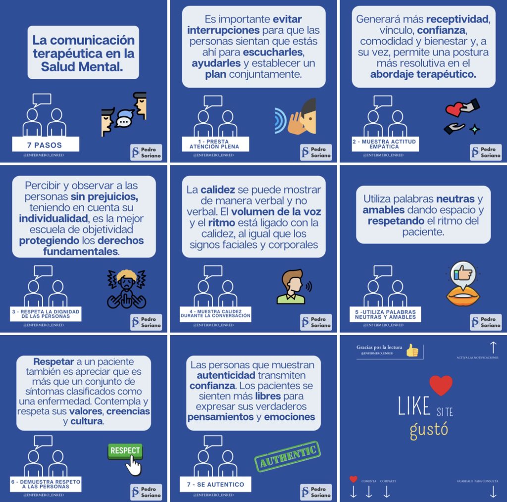 EnfermeroEnred's tweet image. Las 7️⃣ recomendaciones para un abordaje de #comunicación efectivo y afectivo en el área de la #SaludMental

👨🏻‍💻 Bibliografía y desarrollo del tema en este enlace pedro-soriano.com/comunicacion-e…

🗣 “Las palabras siempre importan cuando hablamos de Salud Mental”