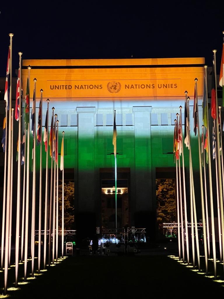IndraManiPR's tweet photo. In a unique development, tomorrow night, Palais des Nations, the UN HQ in Geneva, will be lit up in Tricolor 🇮🇳to celebrate India@75🇮🇳
#75thIndependenceDay 🇮🇳#AzadiKaAmritMahotsav 🇮🇳
(Pictures from trial run yesterday night) https://t.co/VlaWhUQGO6