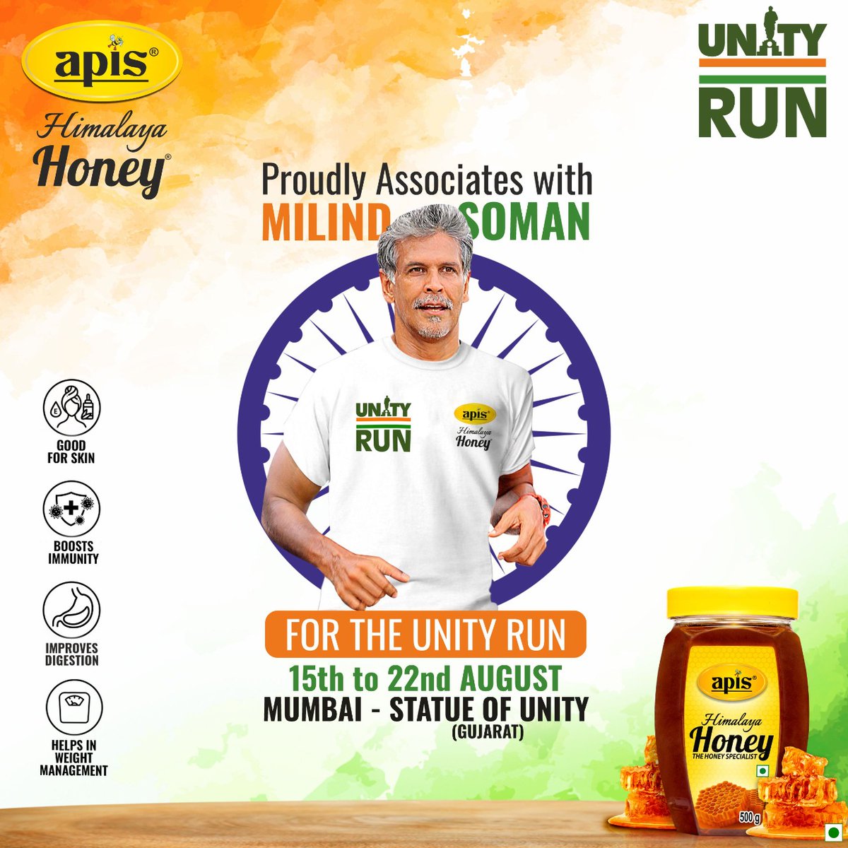 apis_india's tweet photo. An association for a better and greater cause.
Let us all support the #UnityRun together and make the 75th Independence Day memorable.
@milindrunning
#RunWithMilind #ApisHimalayaHoney #ApisIndia https://t.co/kgPEXQJfMT