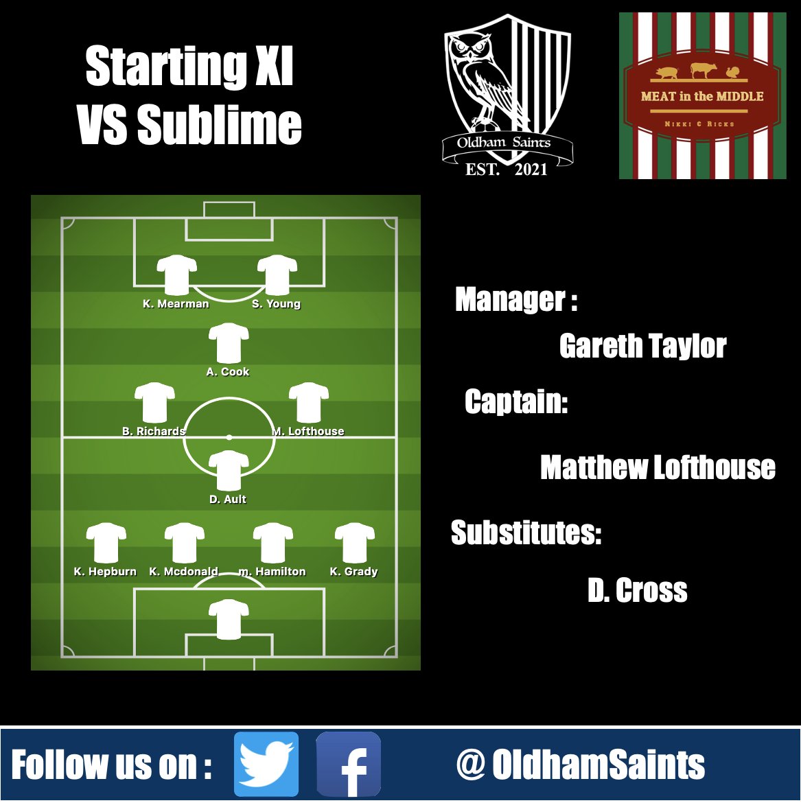 Our boys struggling for numbers this week unfortunately, however we look forward to getting some minutes in the tank and enjoying a good game! 

Here is your starting 11