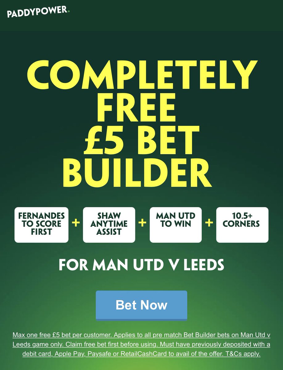 Completely free £5 bet builder for Manchester United v Leeds!

Here ➡️ bit.ly/3xLlSTJ

New &amp; existing customers!

Just login or register on the link above to claim your completely free £5 bet for the game 😍

18+ gambleresponsibly #ad ts &amp; cs apply