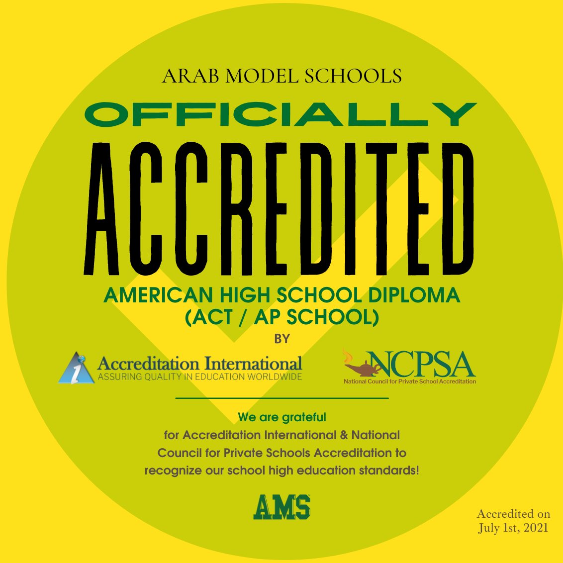 تم بحمد الله اعتماد المدارس كمركز لتدريس المنهاج الأمريكي من قبل هيئة الاعتمادات الدولية
Accreditation International  و NCPSA  #amman #Jordan