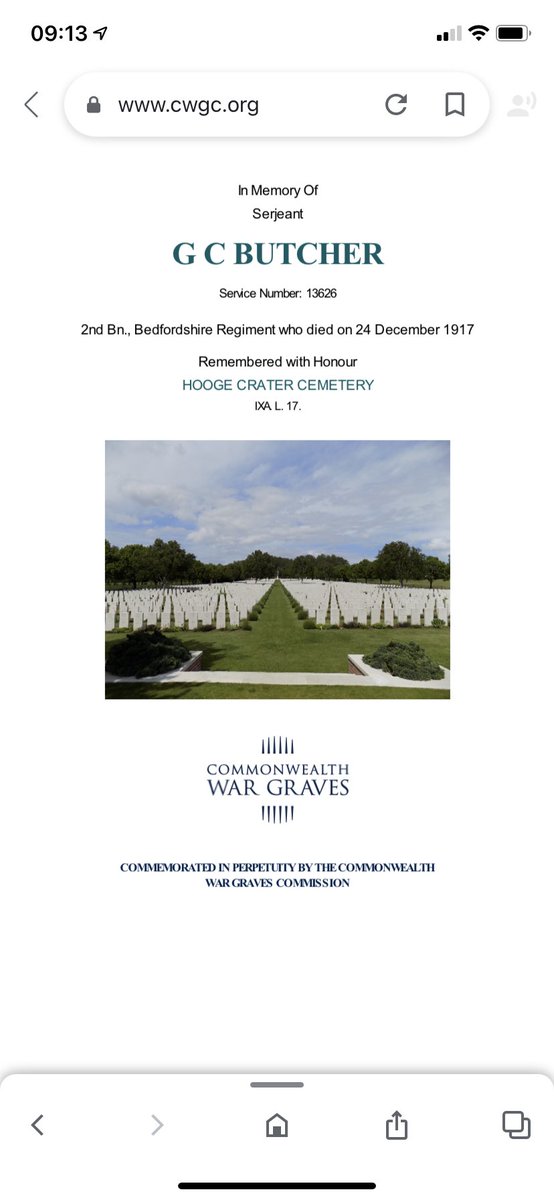 newguide2015's tweet photo. Sjt G C Butcher 13926 2nd Bn Bedfordshire Reg. Born Long Melford Suffolk lived and enlisted in Hemel Hampstead. George was KIA On the 24/12/1917. He lays at rest in @CWGC Hooge Crater Cemetery Grave Ref 9A/L/17. #Bedfords #Suffolk #lestweforget https://t.co/lJyBC8ur0I