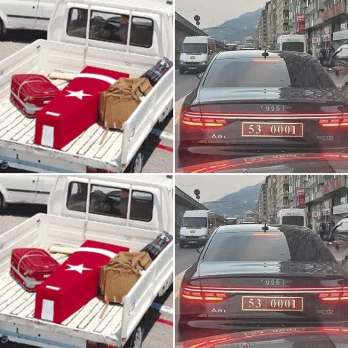 KKitapcioglu's tweet photo. #Bartın Soldaki arac yok diye cenazesi kasali kamyonete konan Şehit Binbası murat özyalcin sağdaki Rize felaket ustune felaket yasarken Rize valisi'nin 3.750.000 tl degerindeki Audi A8 makam aracı nasil çay'a devammi 😉😉 https://t.co/MyEyGBKRpb