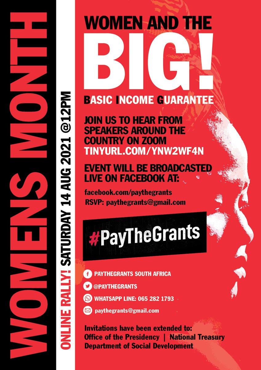 PayTheGrants's tweet photo. Today, in honour of #WomensMonth  #PayTheGrants is hosting “Women &amp; the BIG”!

Time: 12:00pm
Zoom link: https://t.co/ej0X3caOU5
Livesteam: https://t.co/9ceMZLUPaO
Data Support (limited requests)
https://t.co/w8Zym0gN0W

#BIG #BasicIncomeGuarantee #BasicIncomeGrant #EndAusterity https://t.co/Cxd8jt5HMt