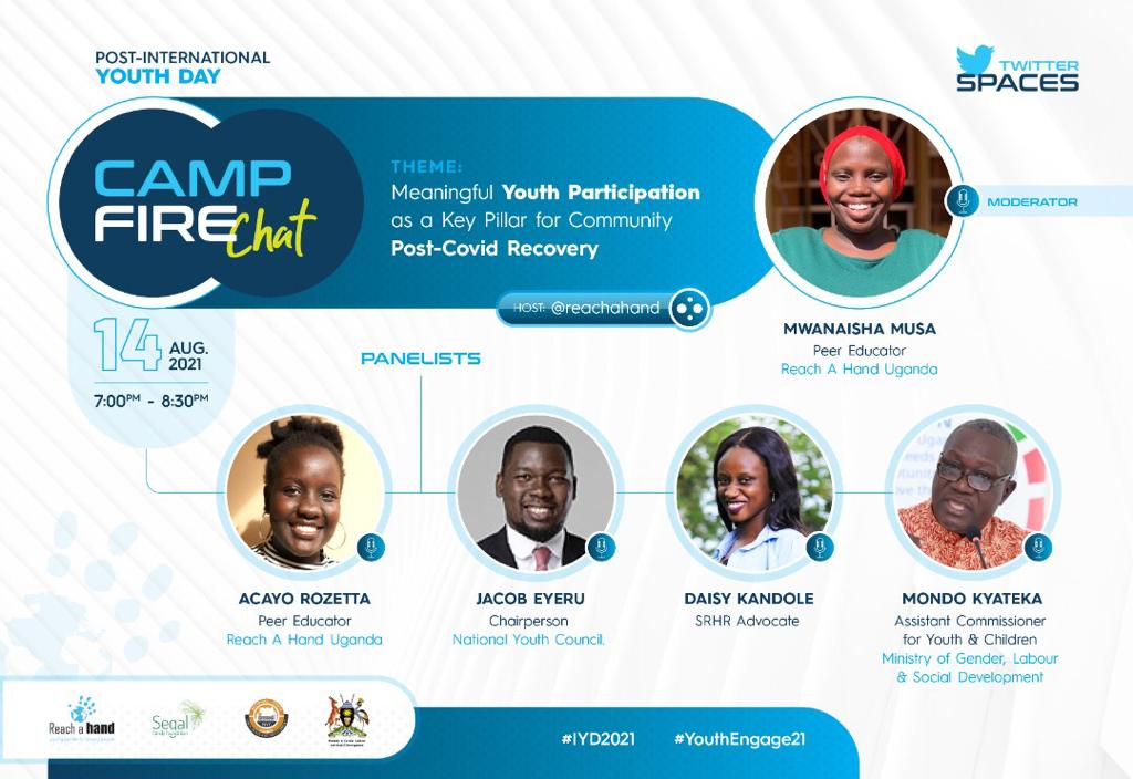 You can't speak on empowerment of young people without speaking on Meaningful Youth Participation, especially at a time like this when we are trying rise above the COVID19 pandemic.

Make a date with us today and join the conversation👇
#YouthEngage21
#IYD2021
cc: @reachahand