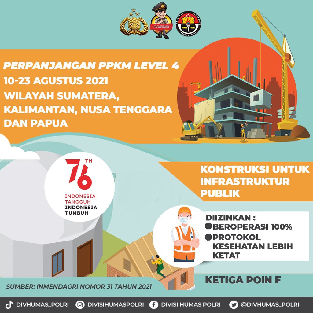 DivHumas_Polri's tweet photo. Perpanjangan PPKM Level 4
10-23 Agustus 2021
Wilayah Sumatera, Kalimantan, Nusa Tenggara dan Papua

Konstruksi untuk infrastruktur 
publik

Diizinkan :
-Beroperasi 100% 
-Protokol kesehatan secara lebih ketat

KETIGA poin F

Sumber: Inmendagri Nomor 31 Tahun 2021 https://t.co/JtmYYog3QK