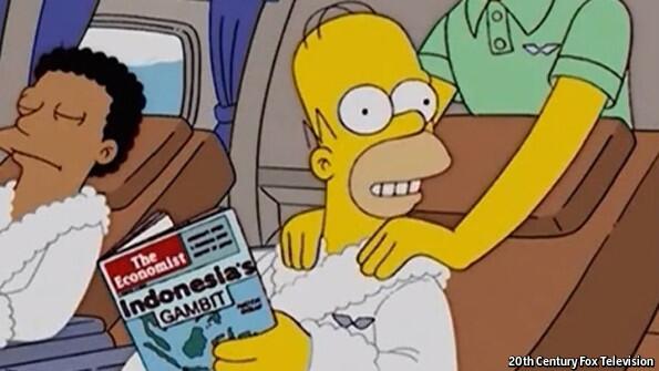 Homer flying first class: 'Look at me Marge I'm reading the Economist! Did you know Indonesia is at a crossroads?'