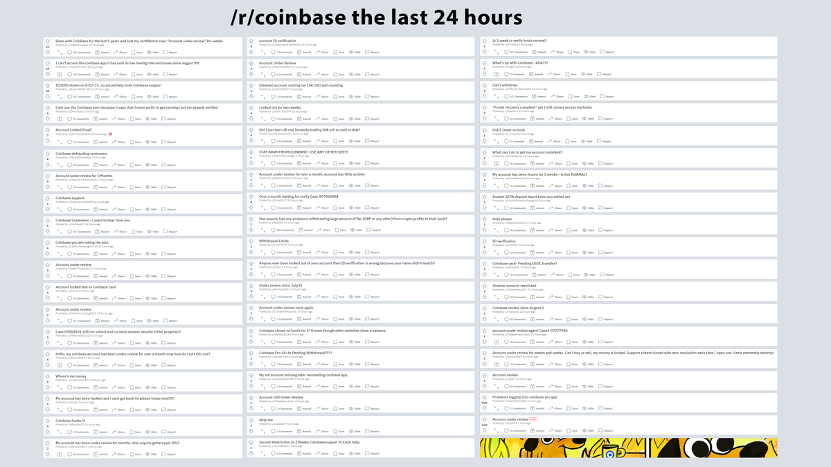 realcryptostats's tweet photo. /r/coinbase the last 24 hours. This is fine 🔥 @Bitfinexed
 #Bitcoin #cryptocurrency https://t.co/ZQaJnDybwy