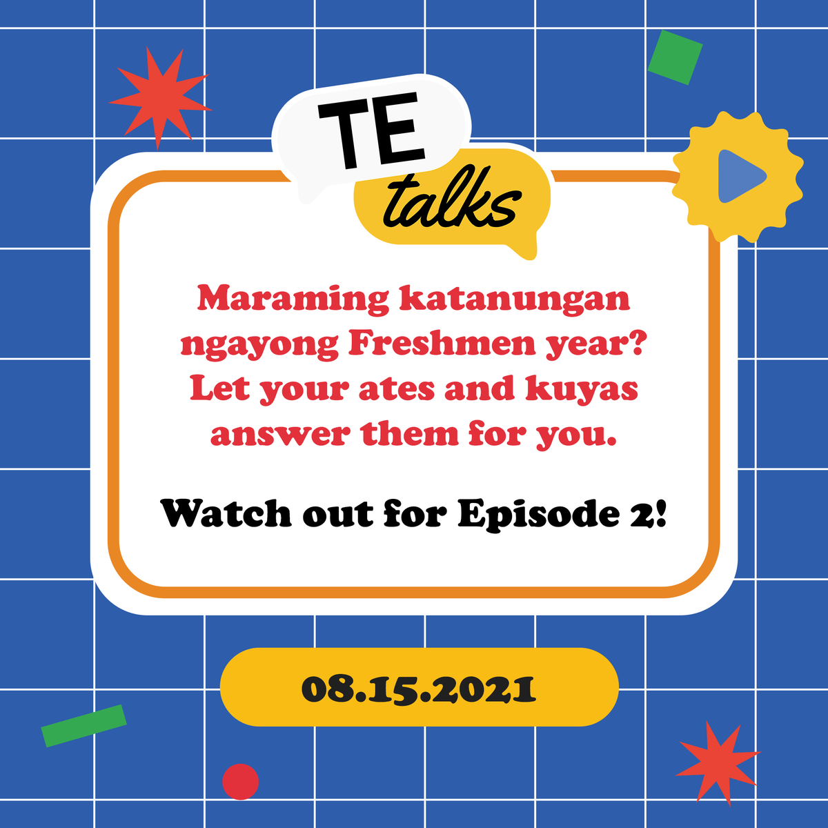 ThomasianEngr's tweet photo. Mga freshies, may college concerns ba kayong gustong itanong? Comment down below para sagutin nila ate't kuya!
How to make new friends, study tips, at iba pang college kwentuhan—ito ang naghihintay sa inyo sa aming second episode ng #TETalks! https://t.co/0Xnewzjcl0
