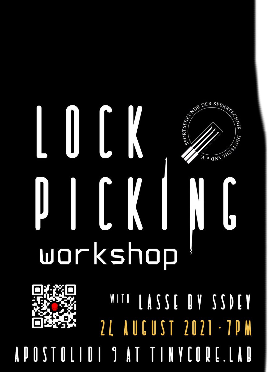 tinycore_lab's tweet photo. Interested in learning how to pick a lock? Join us in-person our #Lockpicking workshop with Lasse by @lockpicking_org hosted at @tinycore_lab Aug 24, 7pm https://t.co/0NmJom5hBL