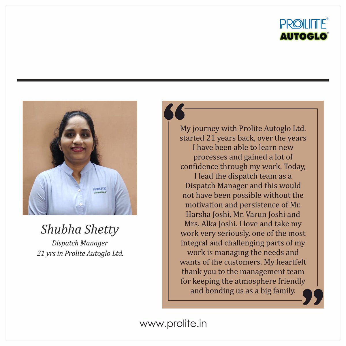 ProliteA's tweet image. Mrs. Shubha Shetty is a part of the Prolite Autoglo family &amp;amp; a true asset to the dispatch department. She has been with us for 2 decades, as a team leader she gives each co-worker complete undivided attention &amp;amp; guides them.  We are proud to have her in our family.
#ProliteAutoglo