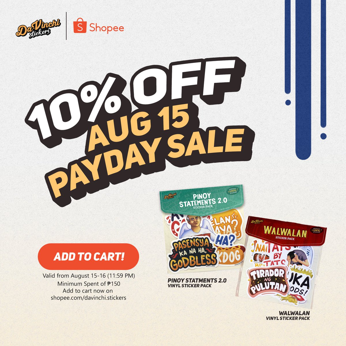 davinchisticker's tweet photo. Kuma-COMEBACK si 10% OFF ANNIVERSARY SALE! 𝘴𝘢𝘯𝘢𝘰𝘪𝘭 This time, it's for Sweldo Day! Time to treat yourself with some stickers! 

Valid from August 15 to 16 for orders with minimum spent of PHP150. Add to cart now using this link! https://t.co/h54NKXz6gq

#ShopeePH #PayDay https://t.co/AQ8AmFyTg4