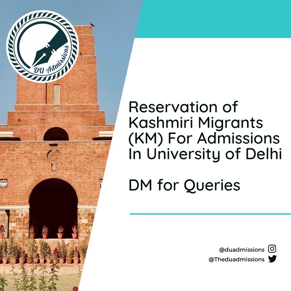 Theduadmissions's tweet photo. ✨Details about Kashmir Migrant Reservation Criteria for University of Delhi Admissions 2021-22✨
.
. 
Feel free to DM for Queries ✨
.
.
.
.
#ststephenscollege #newdelhi #duadmissions #delhiuniversitymemes #delhidiaries #kalindicollege #sodelhi #jmccollege #ladyirwincollege https://t.co/XsLKBFpQzY