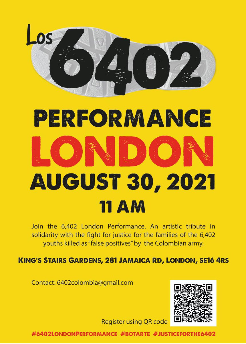 MafapoT's tweet photo. Wherever you are, as an individual or in groups, you can support the #6402LondonPerformance
Take a photo or video in an iconic place with the name of your city and the slogan
#Justiceforthe6402
Tag
@MafapoColombia
@MafapoT
Or email it to 6402Colombia@gmail.com https://t.co/iEQeLQle1v